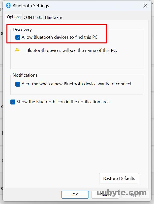 allow bluetooth device to find my pc