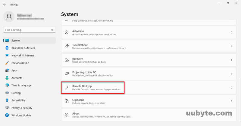 remote desktop in windows 11 settings