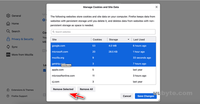 firefox delete site cookies