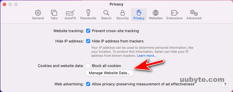 safari manage website data