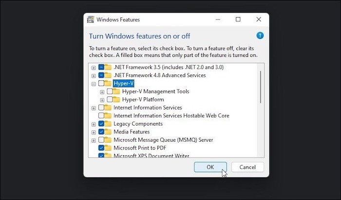 disable hyper-v windows 11 via options