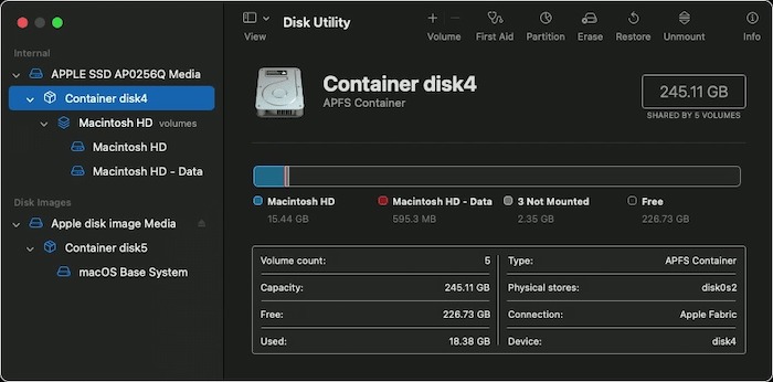 list disk in disk utility app