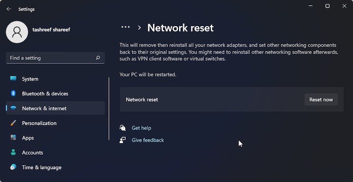 reset network on windows 11