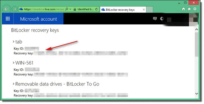 find bitlocker recovery key from microsoft account