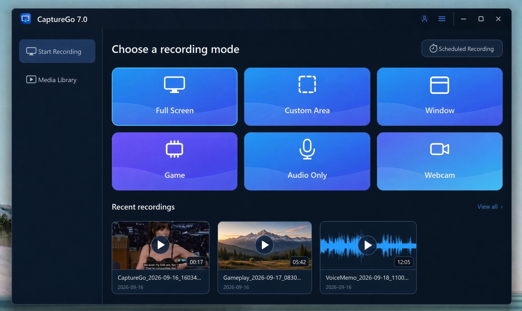 UUByte CaptureGo home screen showing Full Screen, Custom Area, Window, Game, Audio Only and Webcam recording modes