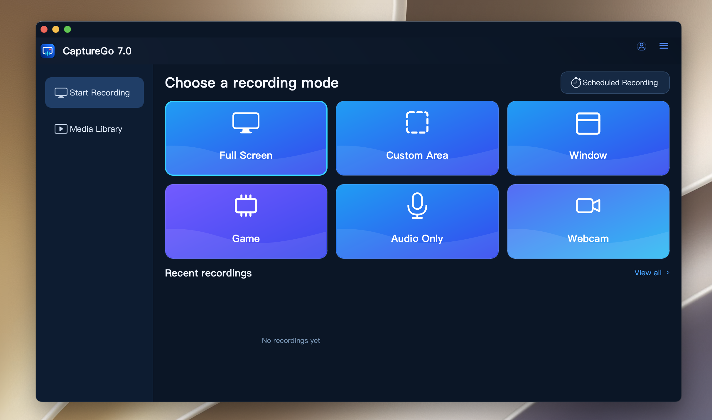 UUByte CaptureGo main screen with Fullscreen, Webcam, Speaker, Microphone and REC controls