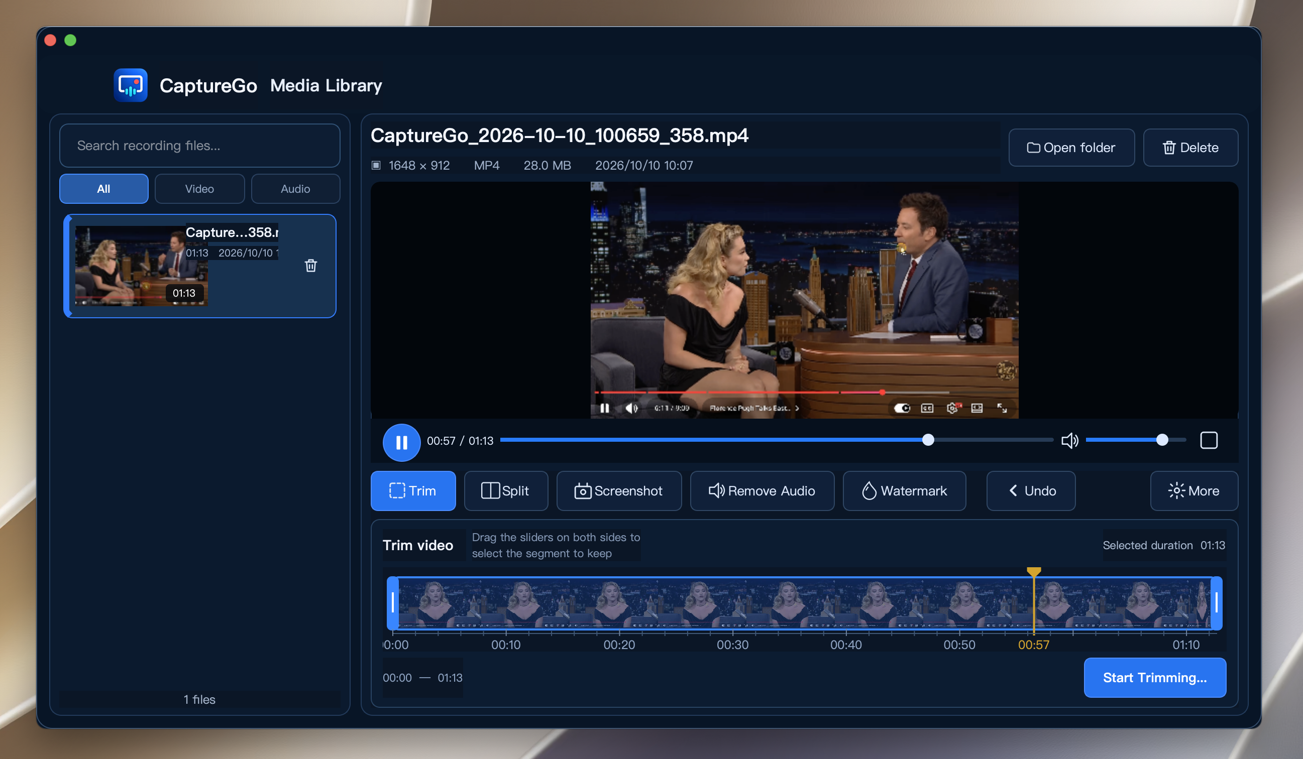 Preview, trim, split and save a finished screen recording in CaptureGo Media Library