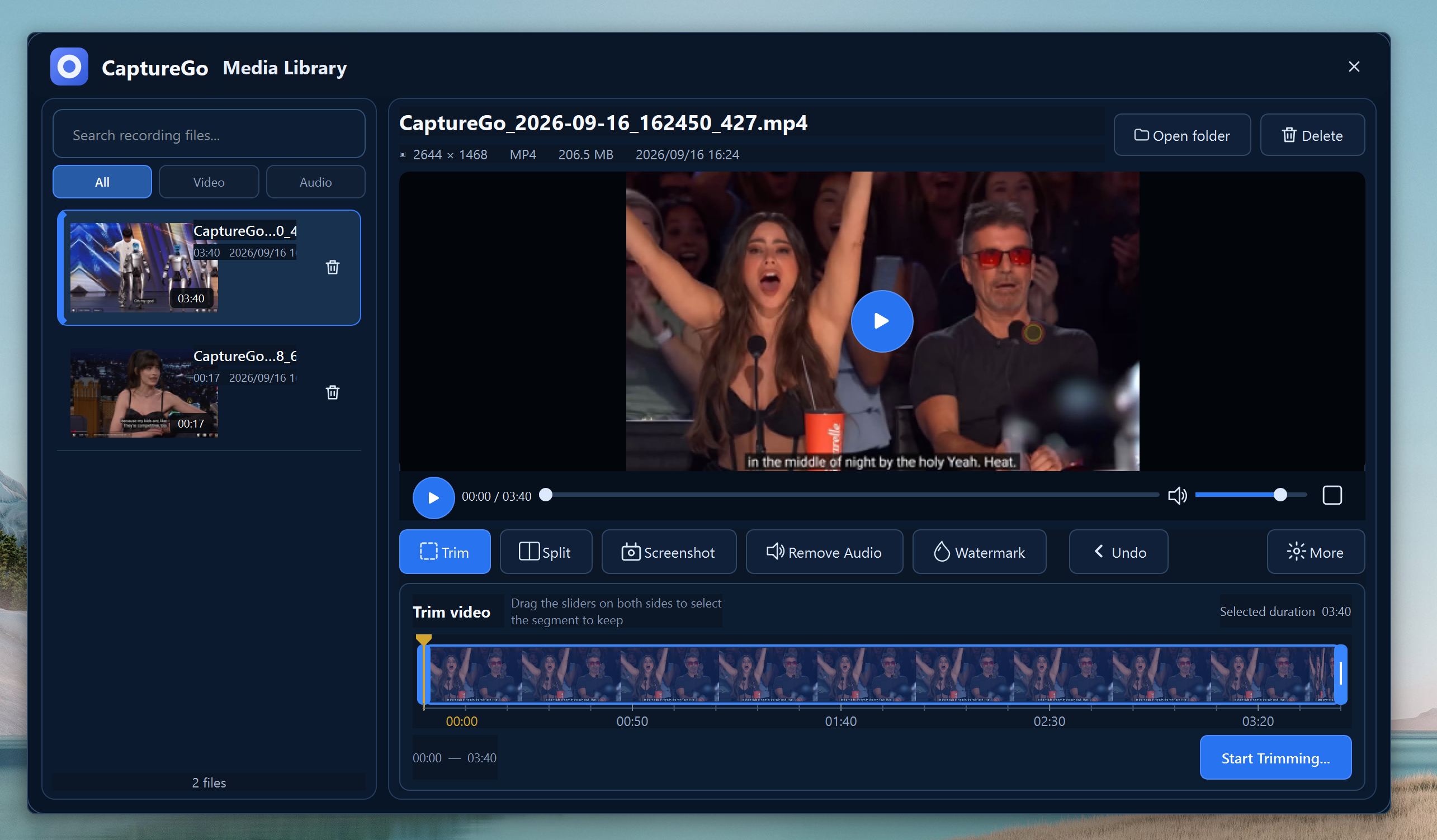 CaptureGo Media Library showing video preview and editing tools