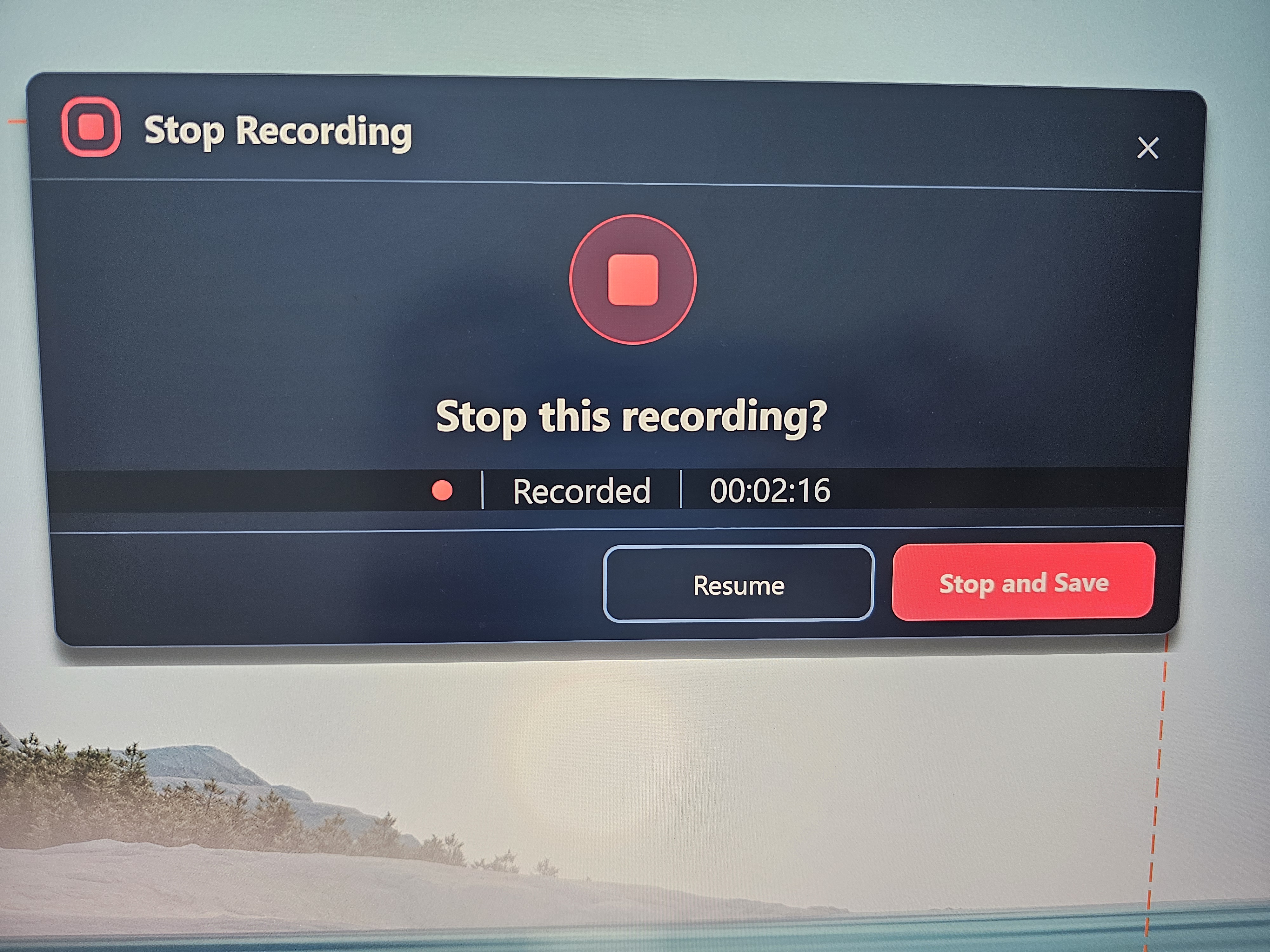 CaptureGo Stop Recording window with Resume and Stop and Save buttons