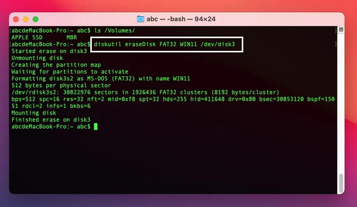 Format USB to MS-DOS FAT32 Mac Terminal
