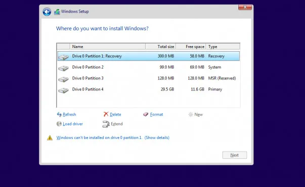 Selecte Drive Windows 10 Installation