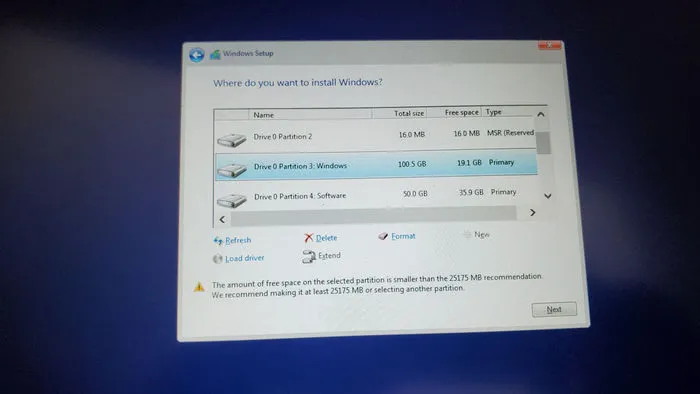Select Partition Windows 10 Install