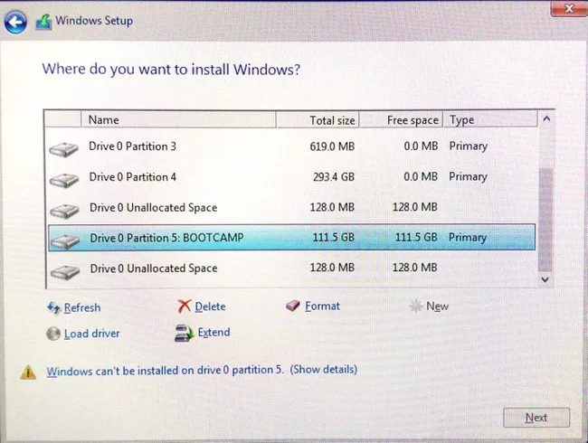 Select a Partition to Install Windows 10