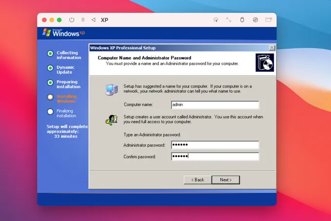 Install Windows XP on Mac for Adding Password