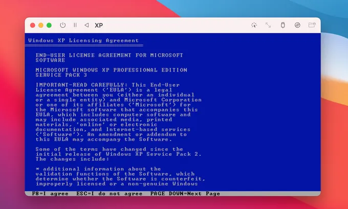 Install Windows XP on Mac for License Agreement