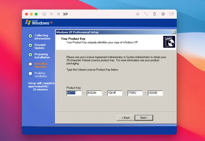Install Windows XP on Mac for License Key