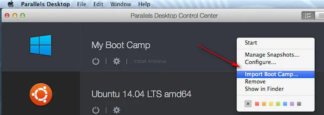Import Boot Camp Parallels Desktop