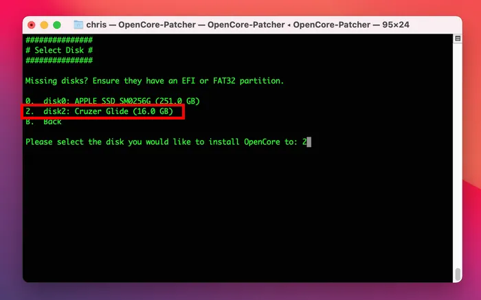 OpenCore Legacy Patcher Select Disk