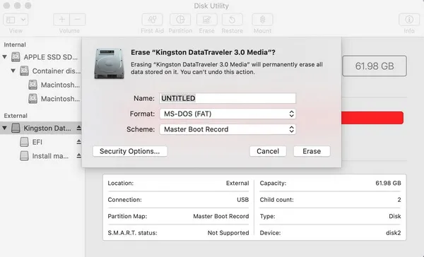 Format USB MS-DOS FAT Mac Catalina