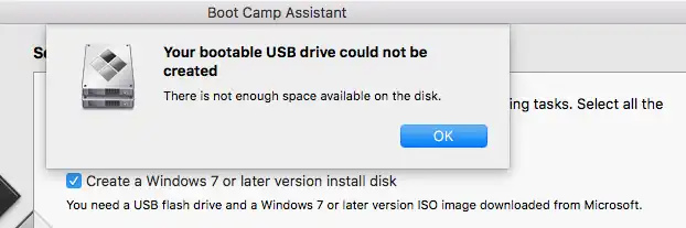 Boot Camp Assistant Not Enough Space Available on the Disk