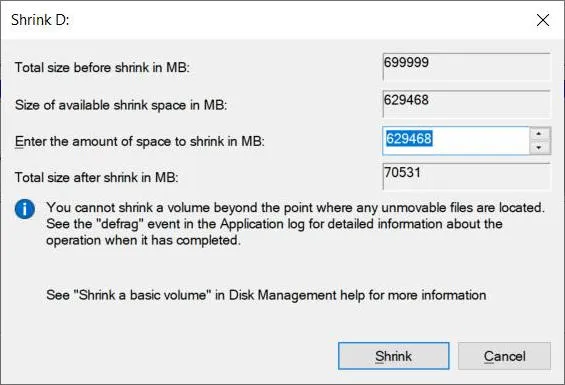 Shink Volume Windows 10