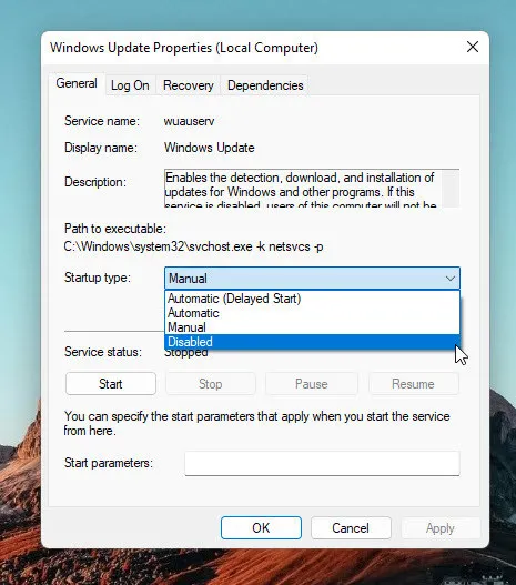 Disable Update Services on Windows 11