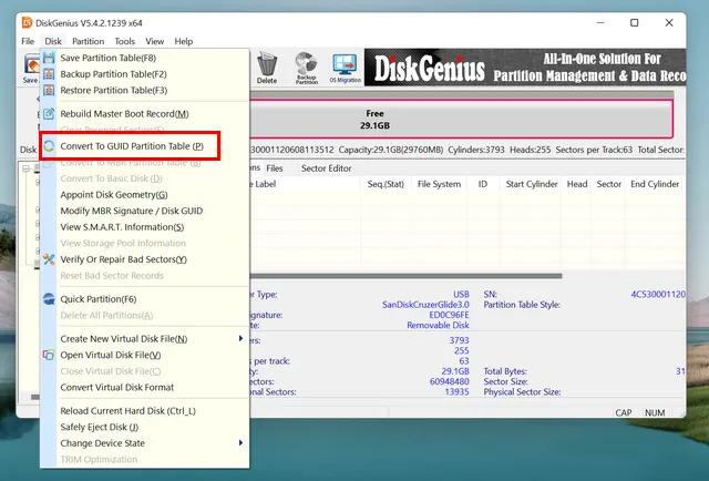 Convert MBR to GPT DiskGenius