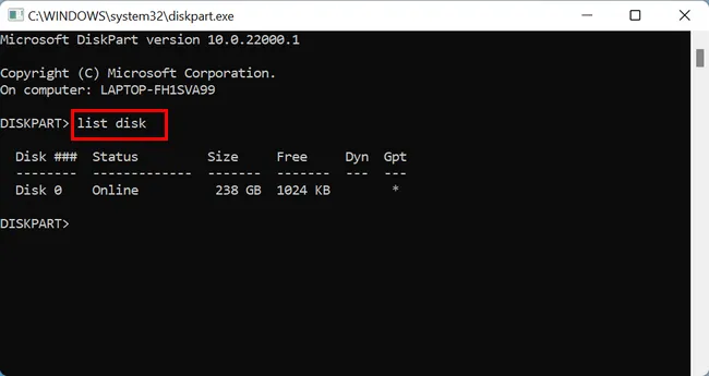 diskpart List Disk Windows 11