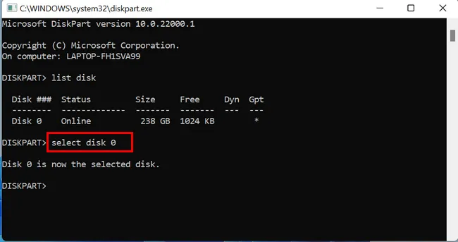 diskpart Select Disk Windows 11