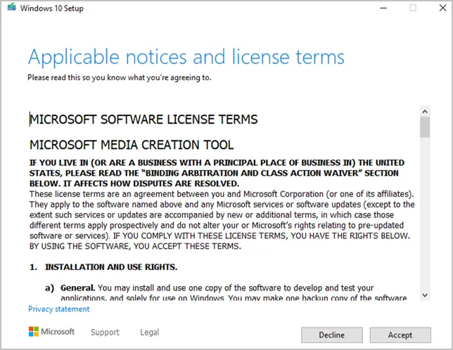 License Agreement Windows 10 Install