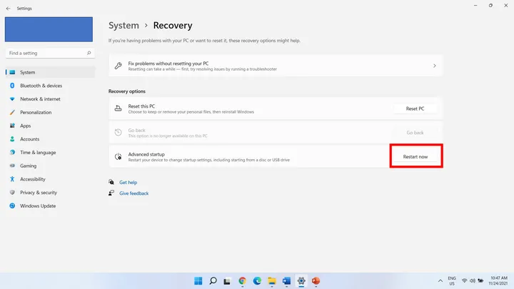 Restart Windows 11 from Recovery Options