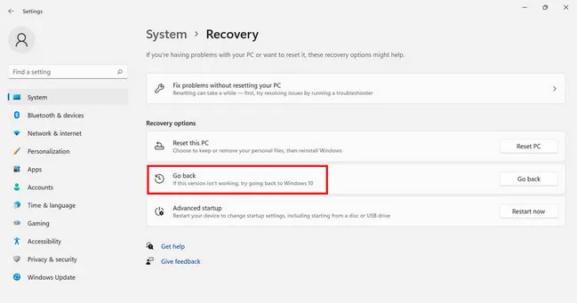 Go Back Settings Windows 11