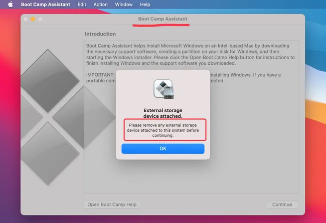 Rimuovi USB Boot Camp Big Sur
