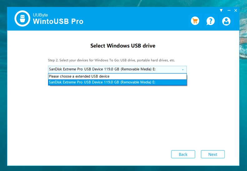 UUByte WintoUSB Pro Seleziona Drive USB