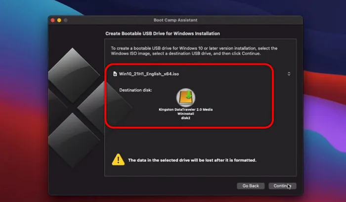 Crea USB avviabile Bootcamp