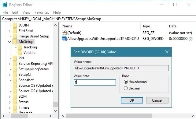 Cambia Valore Editor del Registro
