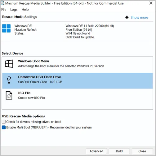 Costruttore di supporti di ripristino Macrium Windows 11