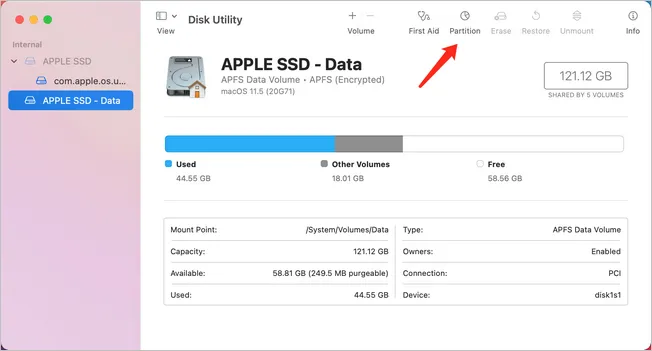 Apple SSDディスクユーティリティのパーティション