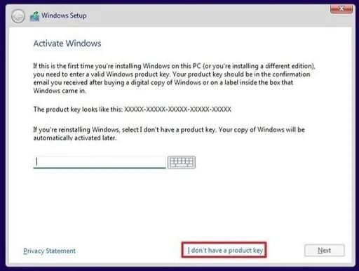 Windows 11インストールのプロダクトキーを入力