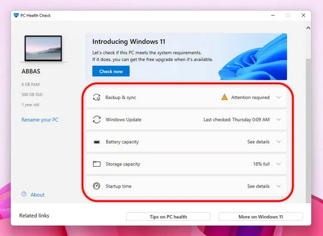 Opties voor PC Health Check