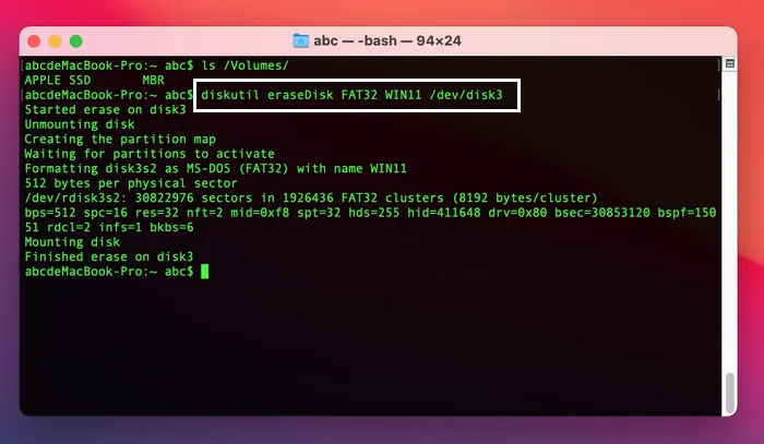 在 Mac 終端機上將 USB 格式化為 MS-DOS FAT32