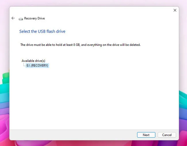 選擇 USB 恢復驅動器